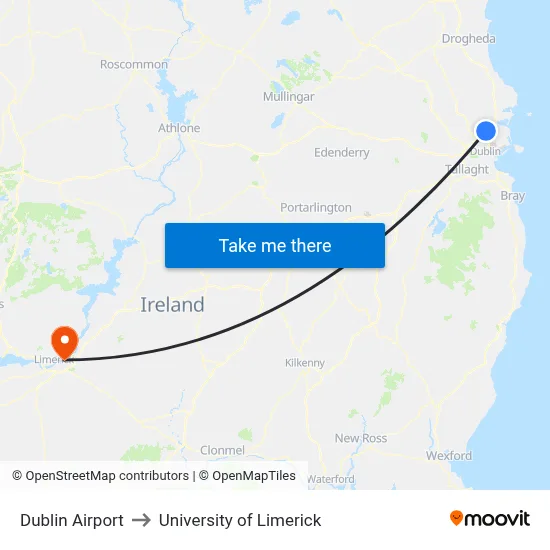 Dublin Airport to University of Limerick map