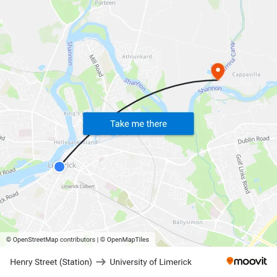 Henry Street (Station) to University of Limerick map