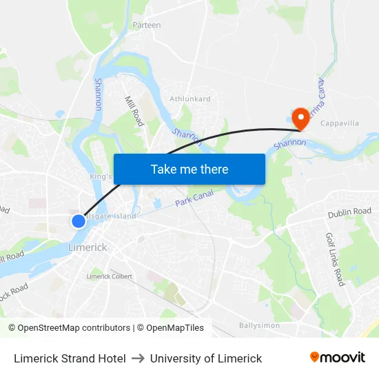 Limerick Strand Hotel to University of Limerick map