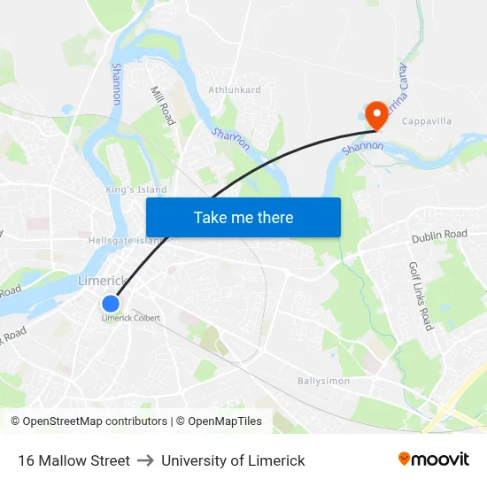 16 Mallow Street to University of Limerick map
