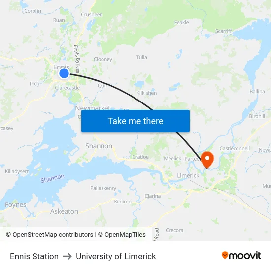 Ennis Station to University of Limerick map