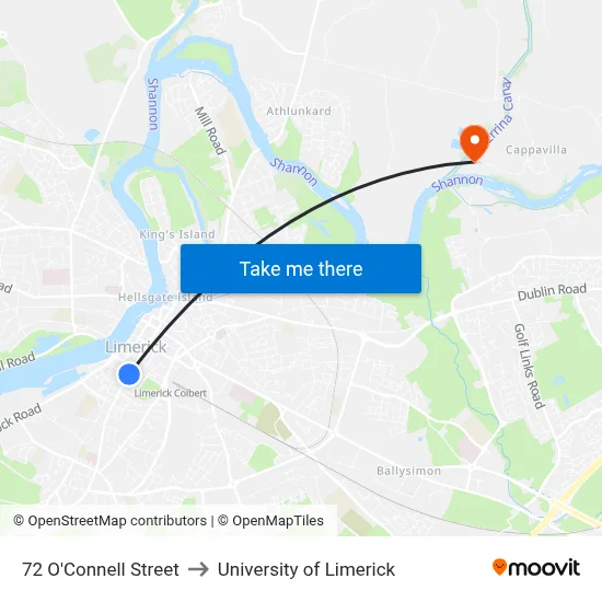 72 O'Connell Street to University of Limerick map