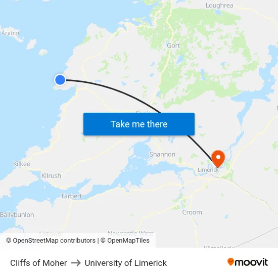 Cliffs of Moher to University of Limerick map
