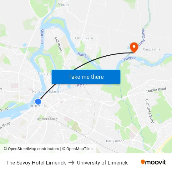 The Savoy Hotel Limerick to University of Limerick map