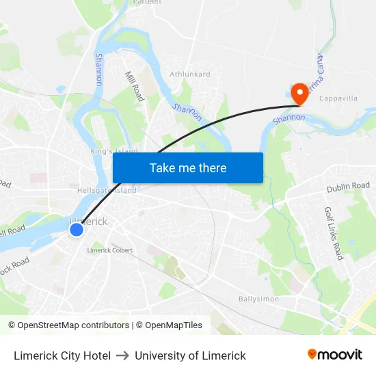 Limerick City Hotel to University of Limerick map