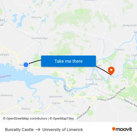 Bunratty Castle to University of Limerick map