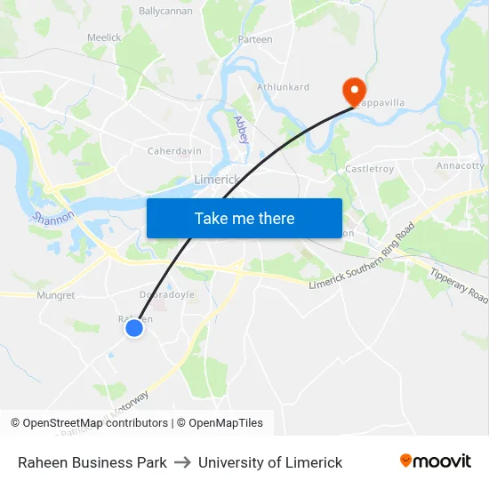 Raheen Business Park to University of Limerick map