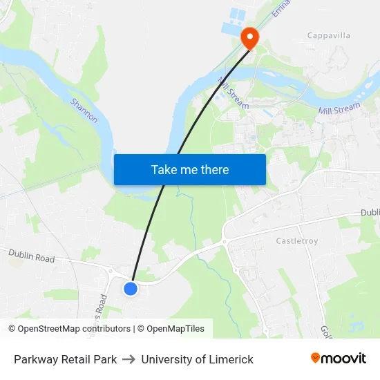 Parkway Retail Park to University of Limerick map