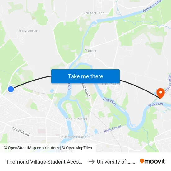 Thomond Village Student Accommodation to University of Limerick map