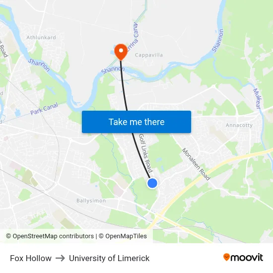 Fox Hollow to University of Limerick map