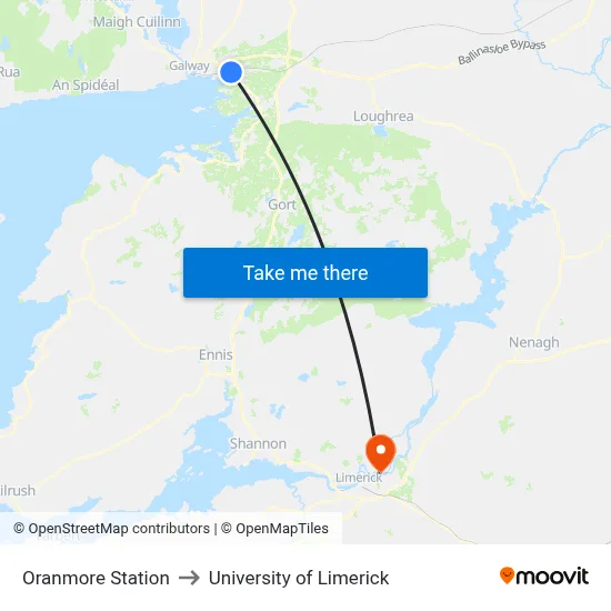 Oranmore Station to University of Limerick map