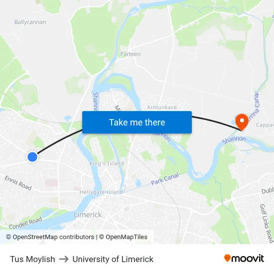 Tus Moylish to University of Limerick map