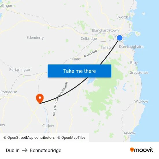 Dublin to Bennetsbridge map