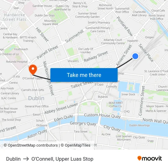 Dublin to O'Connell, Upper Luas Stop map