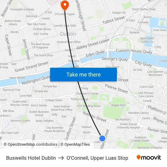 Buswells Hotel Dublin to O'Connell, Upper Luas Stop map