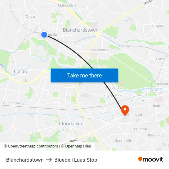 Blanchardstown to Bluebell Luas Stop map