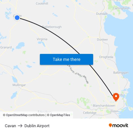Cavan to Dublin Airport map