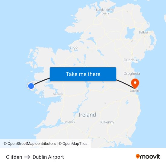 Clifden to Dublin Airport map