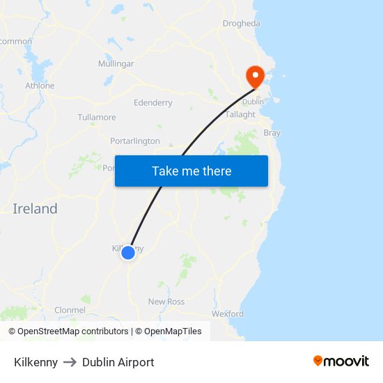 Kilkenny to Dublin Airport map