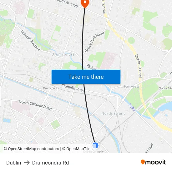 Dublin to Drumcondra Rd map