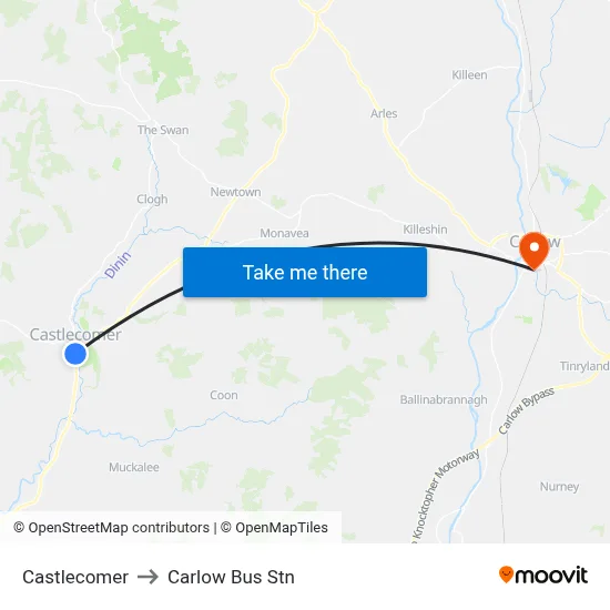 Castlecomer to Carlow Bus Stn map