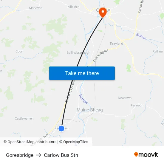 Goresbridge to Carlow Bus Stn map