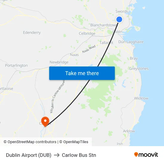 Dublin Airport (DUB) to Carlow Bus Stn map