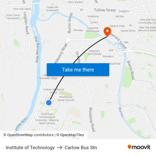 Institute of Technology to Carlow Bus Stn map