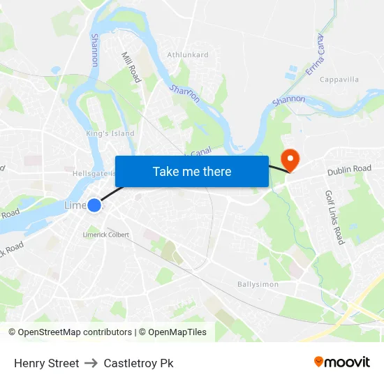 Henry Street to Castletroy Pk map