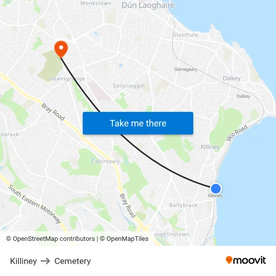 Killiney to Cemetery map
