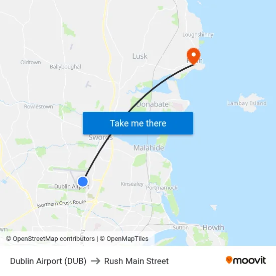 Dublin Airport (DUB) to Rush Main Street map