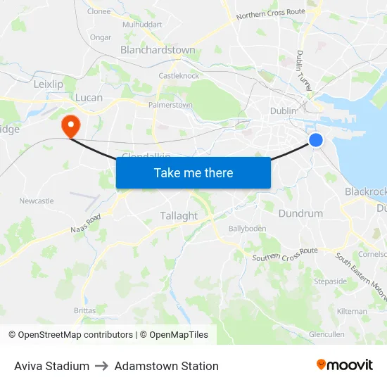Aviva Stadium to Adamstown Station map