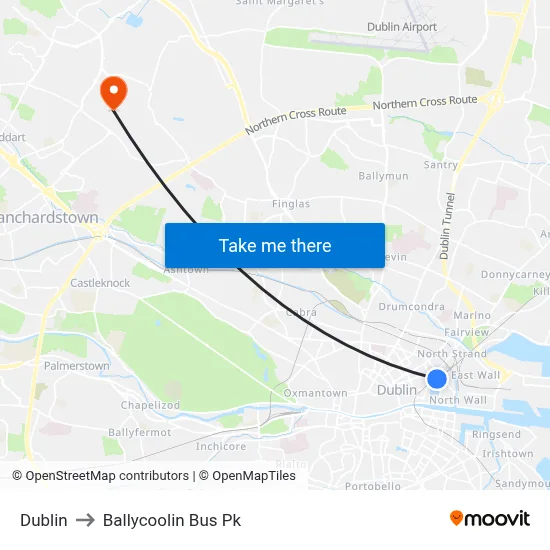 Dublin to Ballycoolin Bus Pk map
