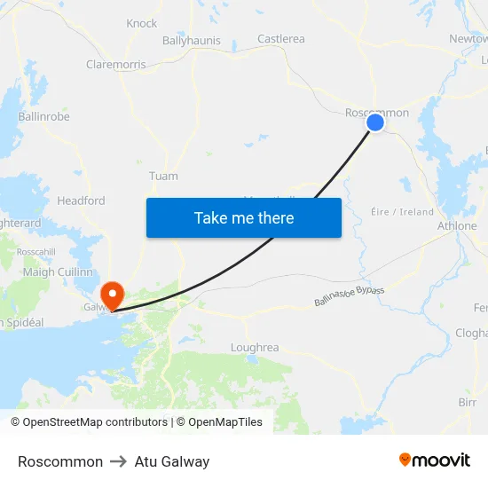 Roscommon to Atu Galway map