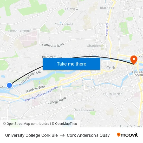 University College Cork Ble to Cork Anderson's Quay map