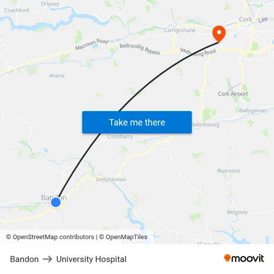Bandon to University Hospital map