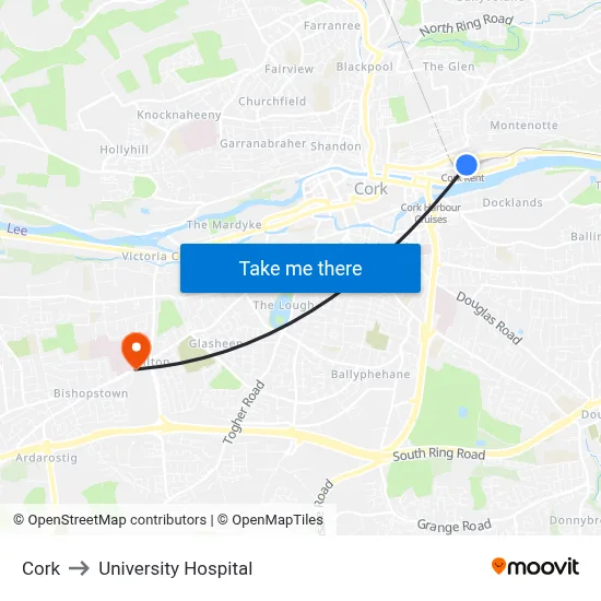 Cork to University Hospital map