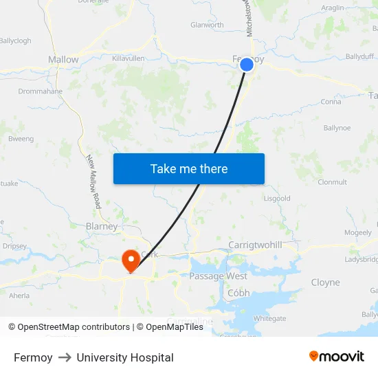 Fermoy to University Hospital map