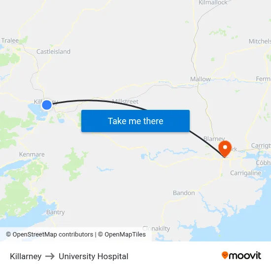 Killarney to University Hospital map
