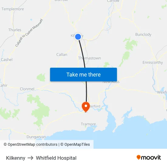 Kilkenny to Whitfield Hospital map