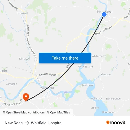 New Ross to Whitfield Hospital map
