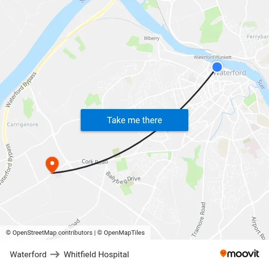 Waterford to Whitfield Hospital map