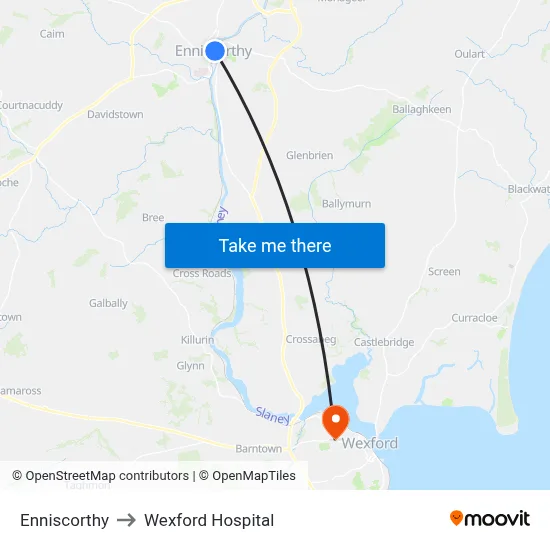 Enniscorthy to Wexford Hospital map
