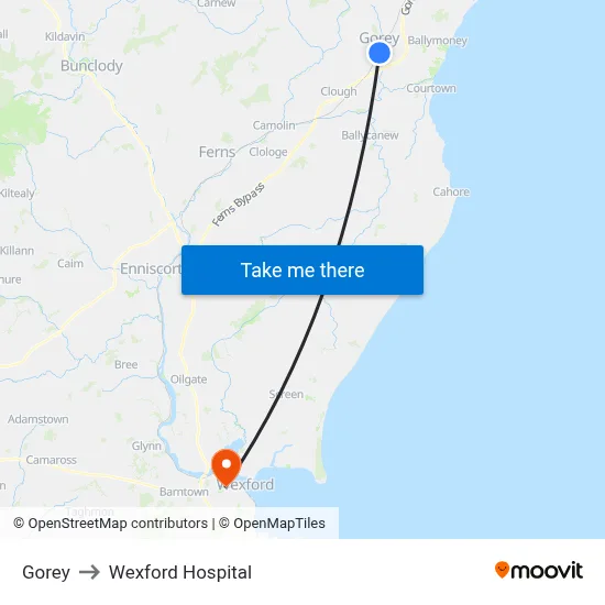 Gorey to Wexford Hospital map