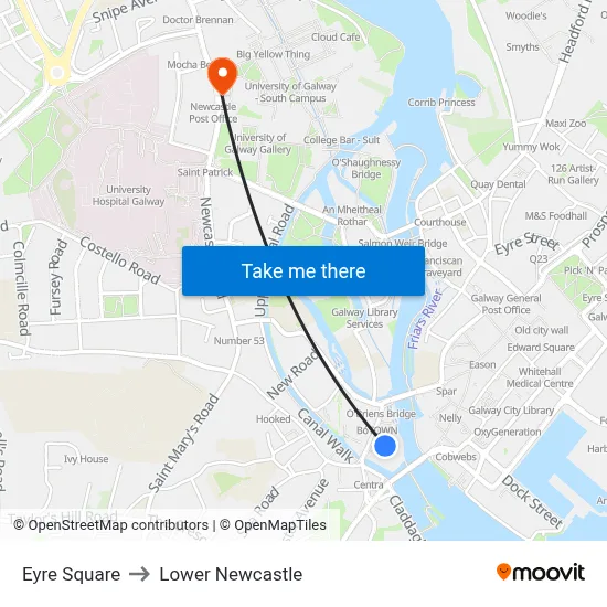 Eyre Square to Lower Newcastle map