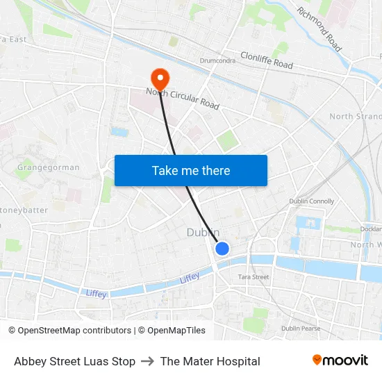 Abbey Street Luas Stop to The Mater Hospital map