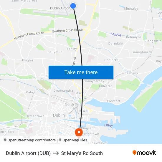 Dublin Airport (DUB) to St Mary's Rd South map