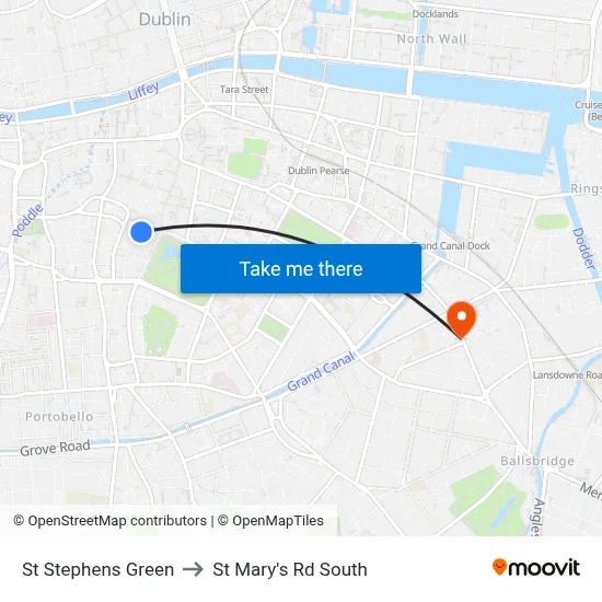 St Stephens Green to St Mary's Rd South map