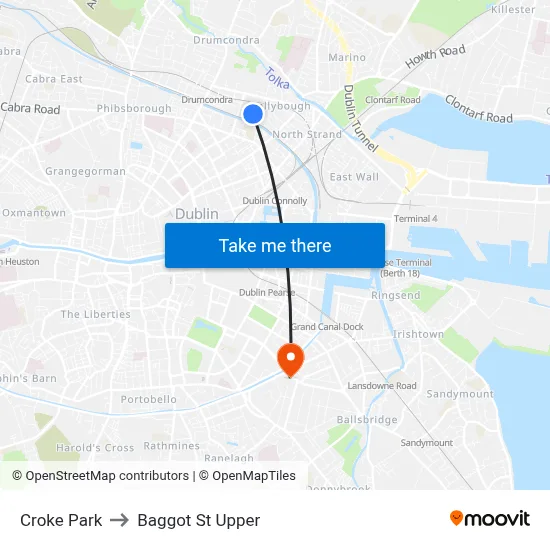 Croke Park to Baggot St Upper map