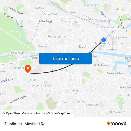 Dublin to Mayfield Rd map